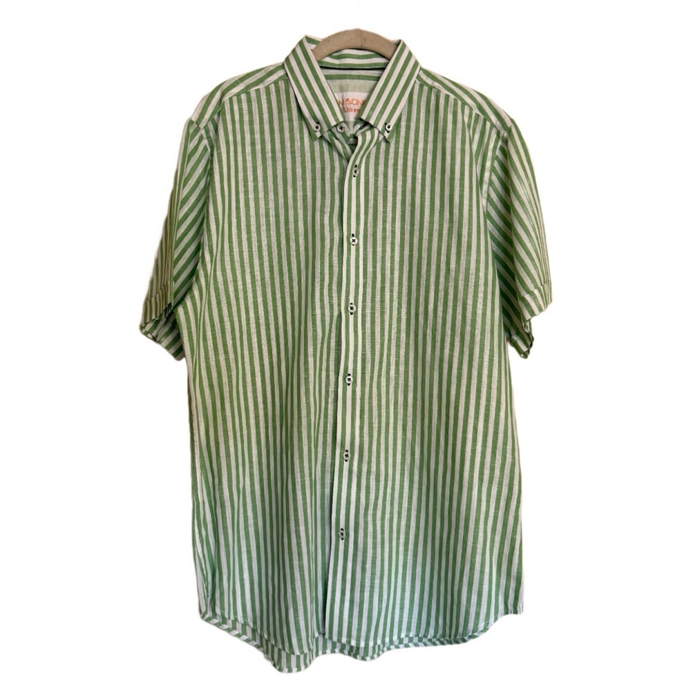 100% Linen JON SONEN White Green Stiped Short Sleeve Button-Up Shirt Sz L Summer